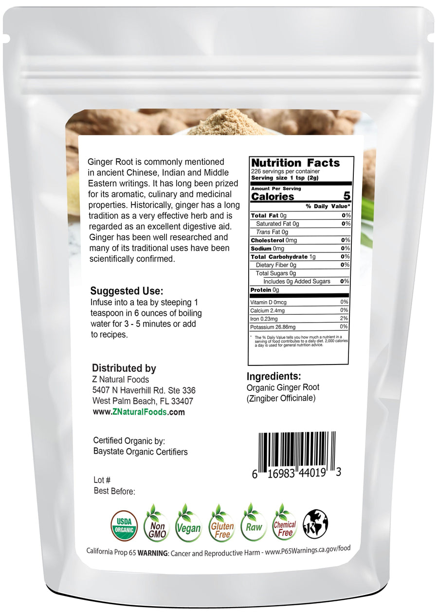 Ginger Root Powder - Organic back of the bag image Z Natural Foods 