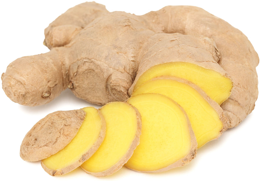 Image of whole Ginger Root with front portion sliced.