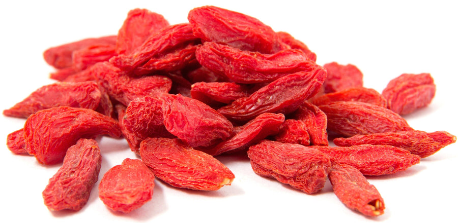 Closeup image of sundried Goji Berries on a white background