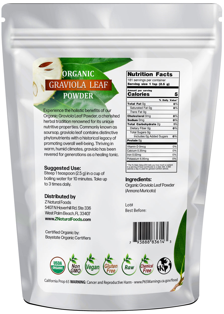 Organic Graviola Leaf Powder back of the bag image