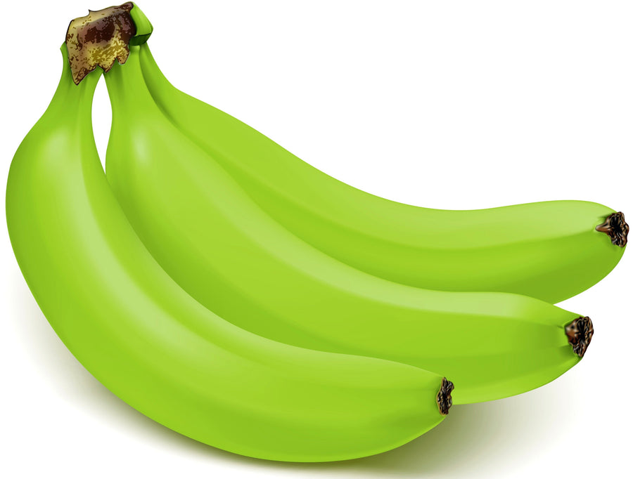 Photo of 3 unripe whole green bananas 