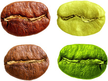 Image of four Coffee Beans varying in color raw to roasted.