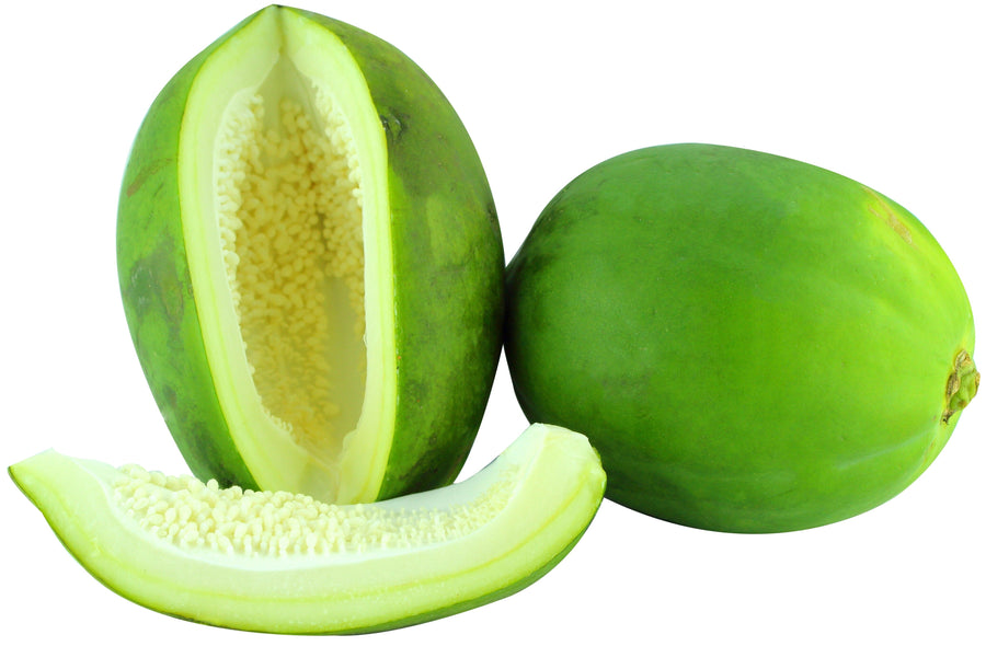 Image of 2 Green Papayas with one sliced open