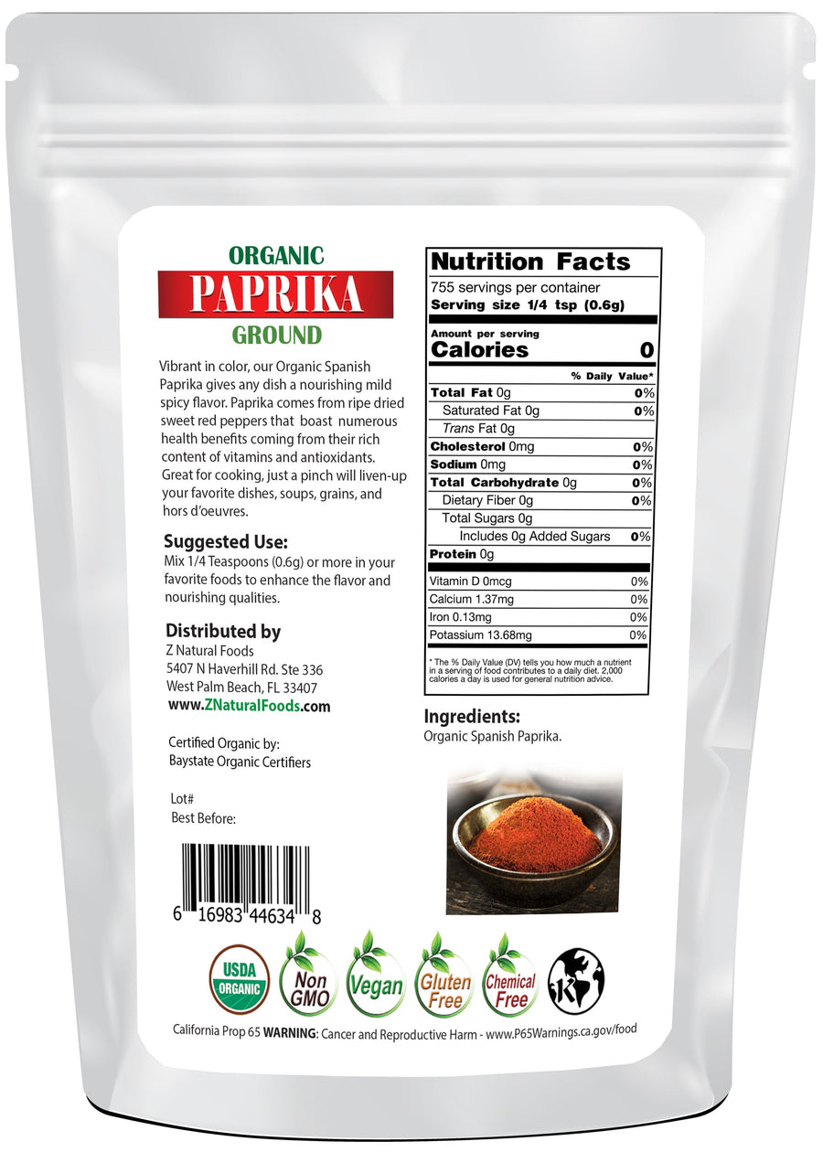 Photo of front of 1 lb bag of Ground Paprika - Organic Seasonings & Spices Z Natural Foods 