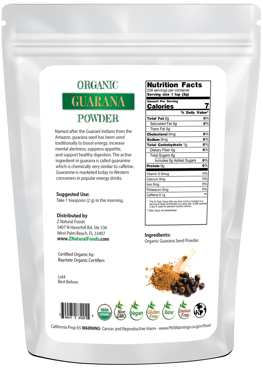 Photo of back of 1 lb bag of Guarana Seed Powder - Organic Herb & Root Powders Z Natural Foods 