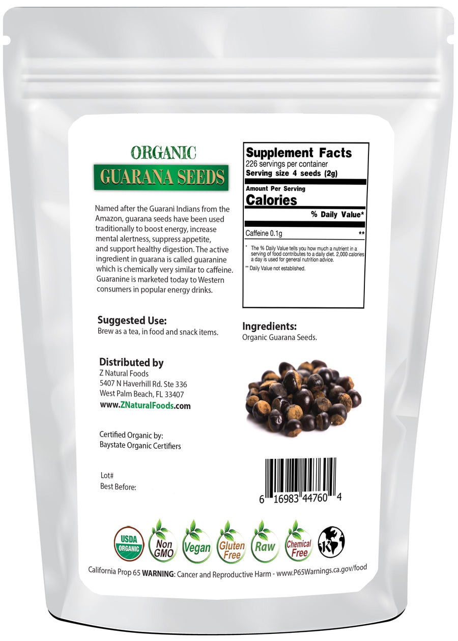 Photo of back of 1 lb bag of Guarana Seeds - Organic, Whole Herb & Root Powders Z Natural Foods 