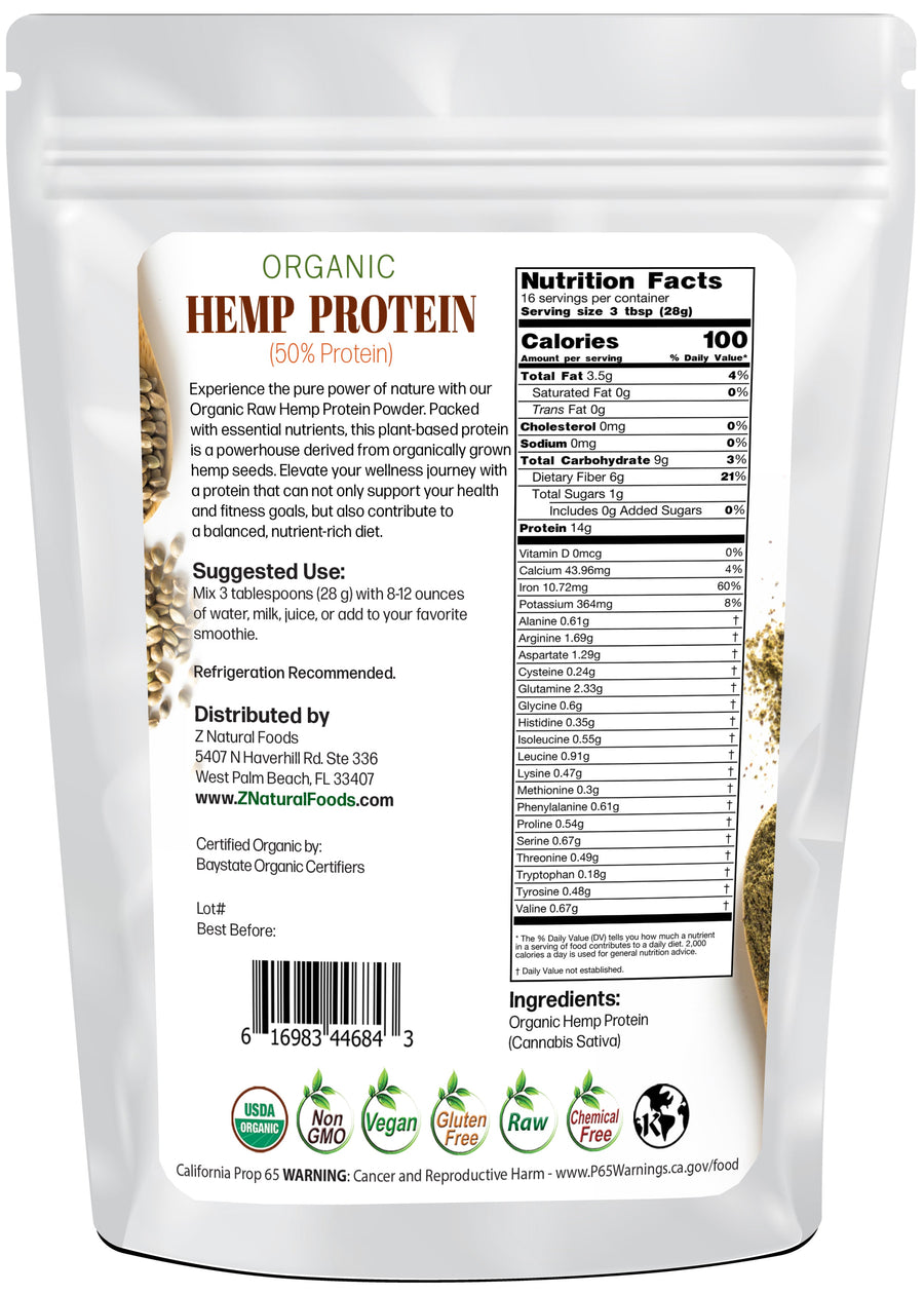 Hemp Protein - Raw Organic back of the bag image Z Natural Foods