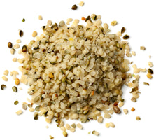 Close up overhead image of Hemp Seeds - Raw, Organic, Shelled.