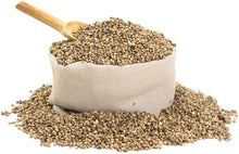Image of Hemp Seeds in burlap bag with wooden spoon inserted. 