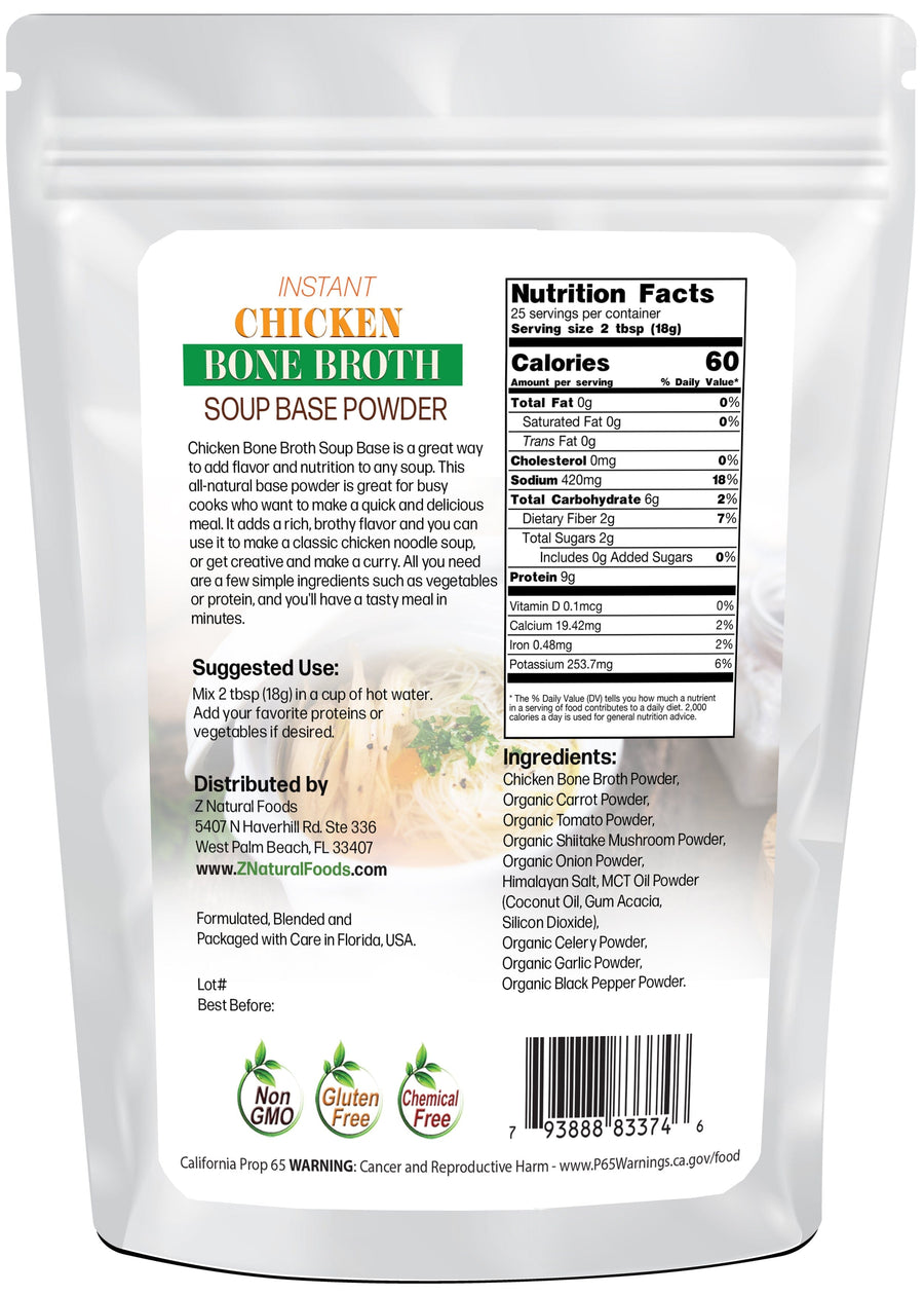 Instant Chicken Bone Broth Soup Base Powder back of the bag image Z Natural Foods 
