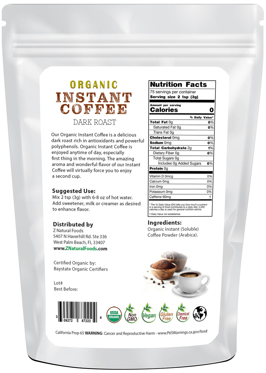 Image of back of the bag of Organic Instant Coffee Dark Roast