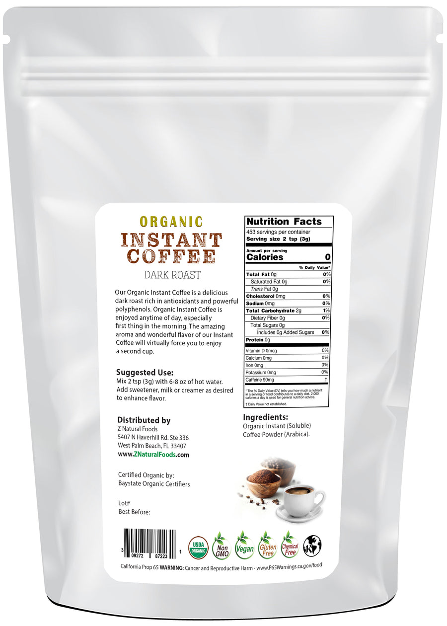 Photo of back of 3 lb bag of Organic Instant Coffee powder