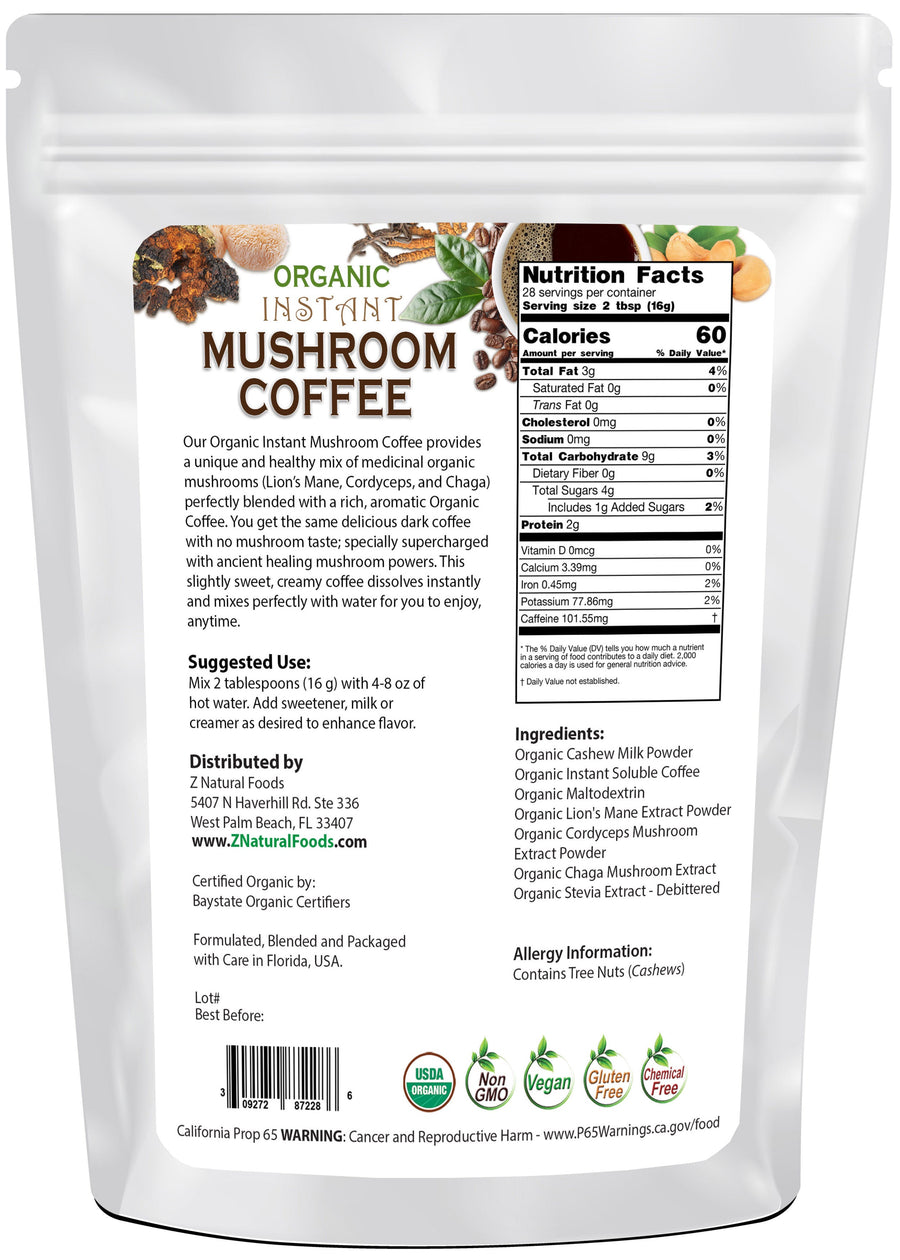 Organic Instant Mushroom Coffee back of the bag image Z Natural Foods