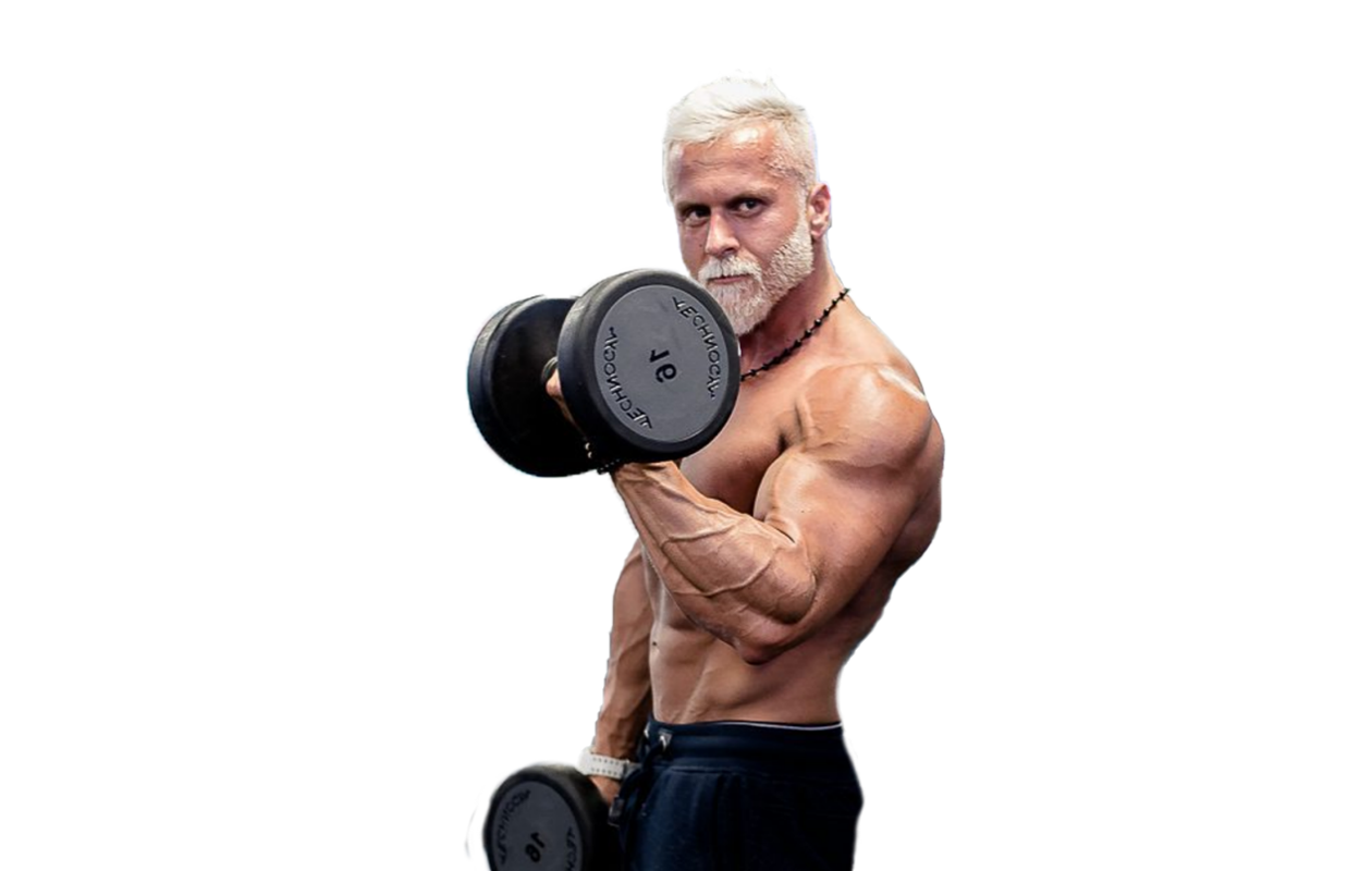 Image of older muscle man with large bicep muscles curling 32-pound dumbbells.