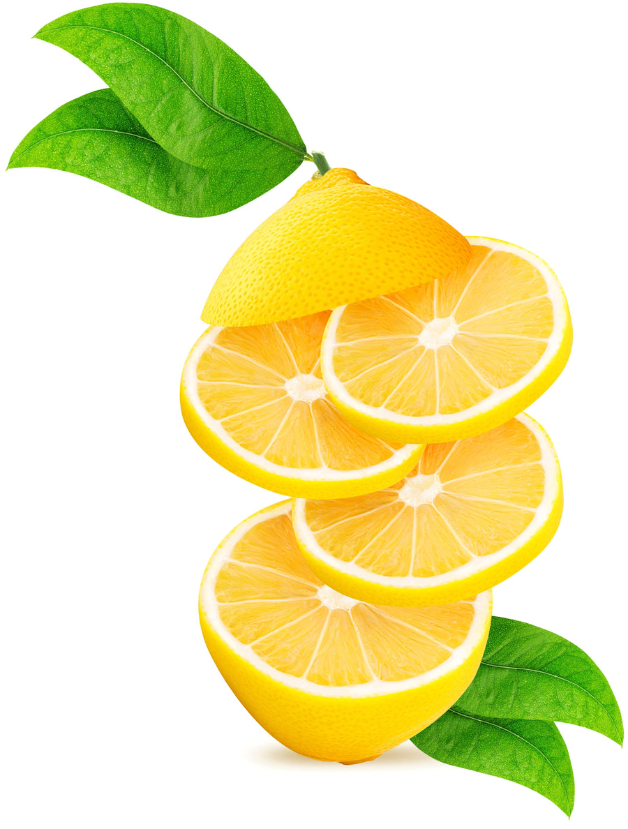 Image of sliced Lemon showing three slices in between top and bottom pieces.