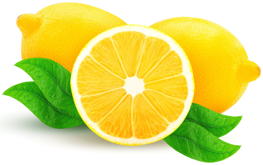 Image of lemon slice with two whole lemons in background on white background.
