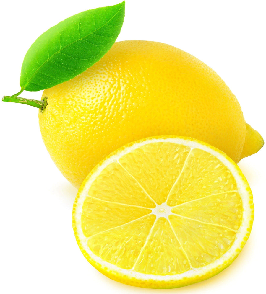 Image of sliced Lemon in frint of whole lemon with stem and leaf on white background.