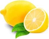Image of halved lemon in front of whole Lemon with two green leaves on white background.