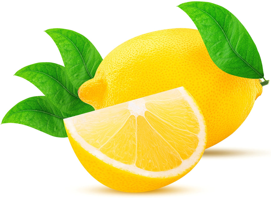 Image of quartered Lemon slice with a whole lemon in the background.