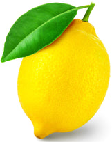 Image of whole Lemon with stem and single leaf on white background.