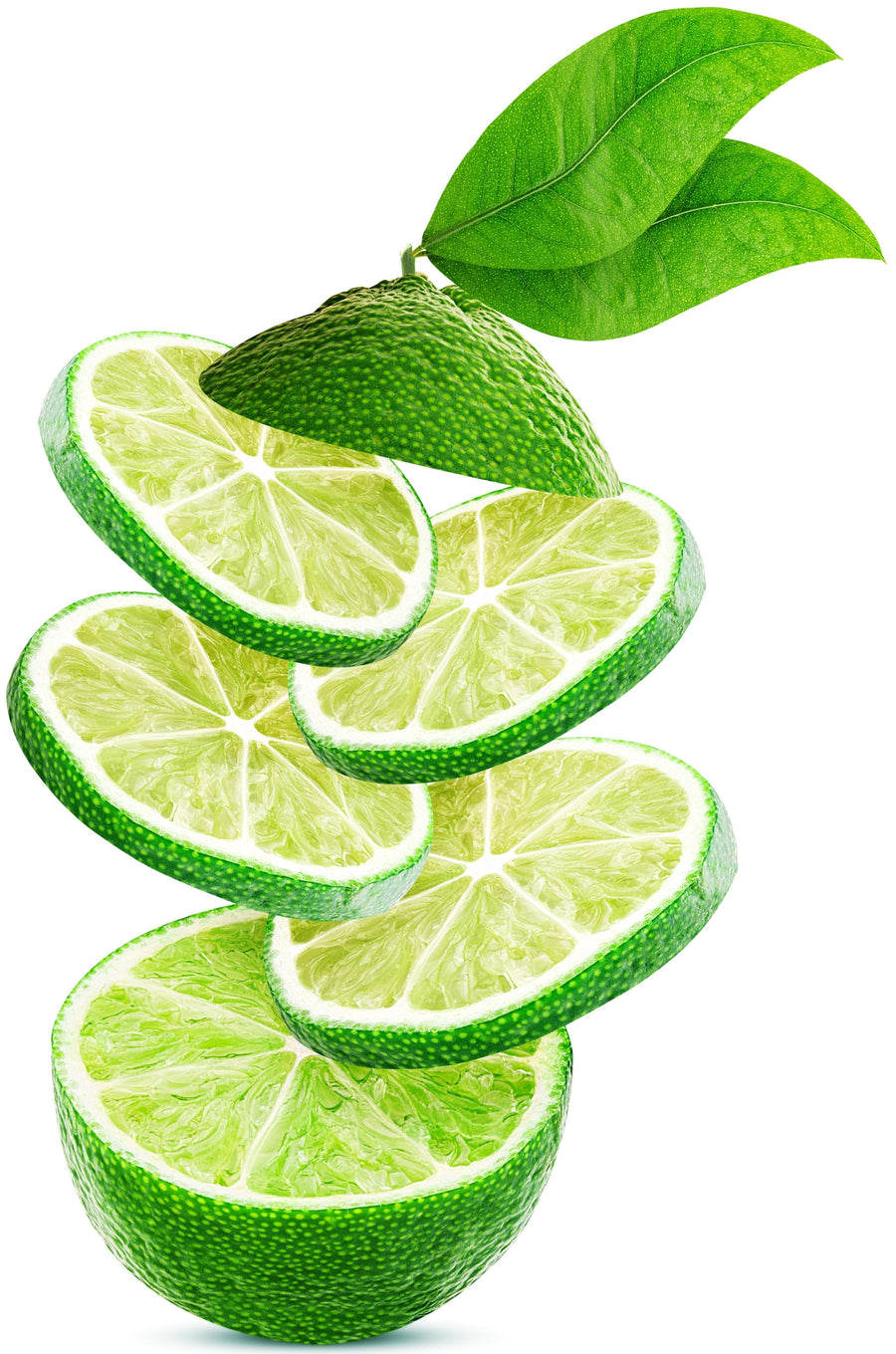 Image of slices of lime falling down on top of half a lime
