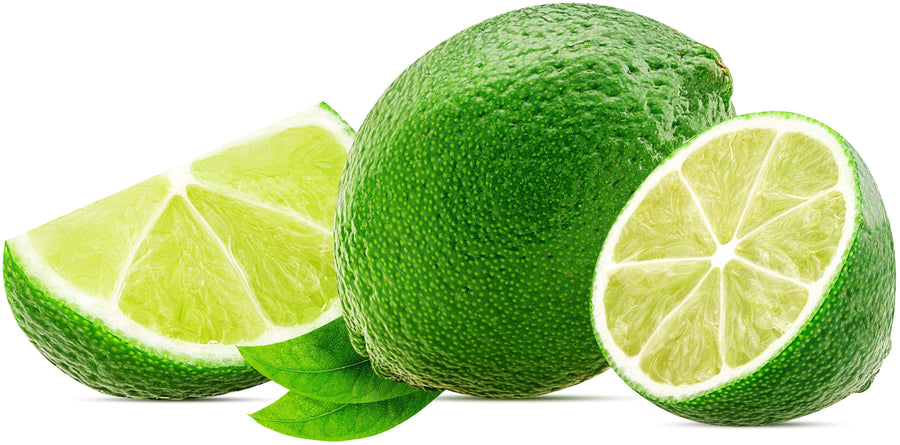 Image of half a lime, a quartered lime and a whole lime