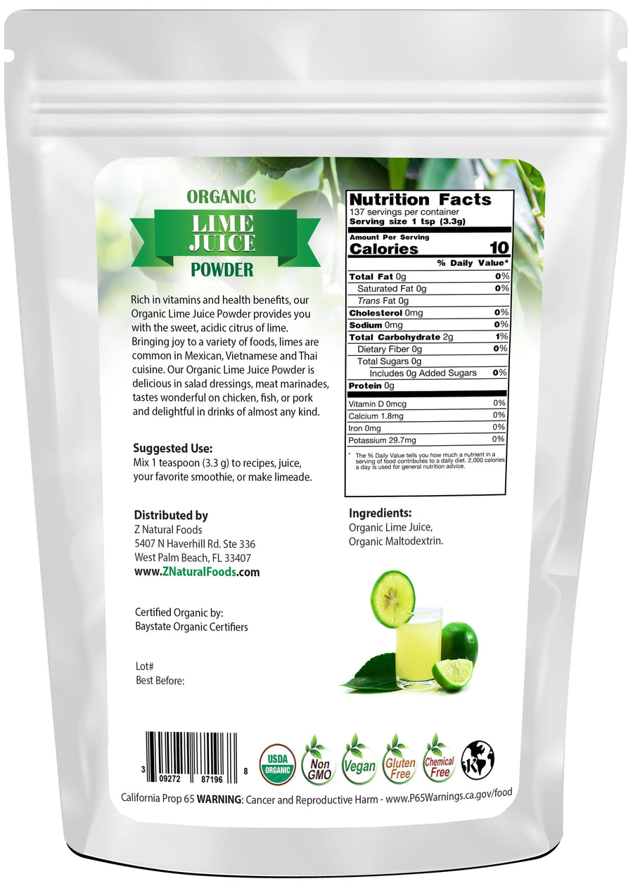 Image of back of the bag of Organic Lime Juice Powder