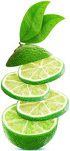 Image of slices of lime falling down on top of half a lime