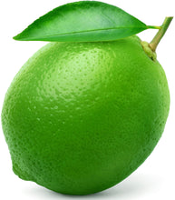 Image of a whole, close up green lime with a leaf