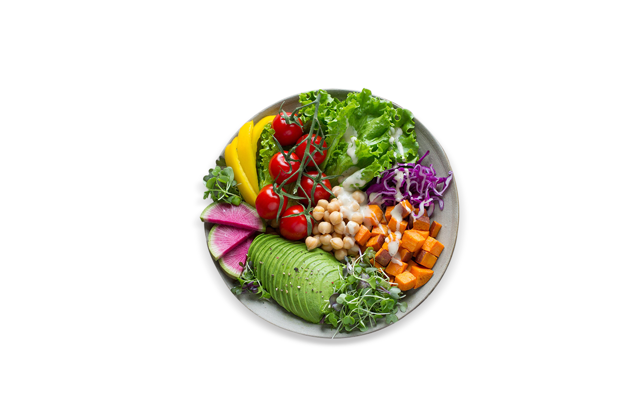 Overhead image of plate containing fruit and vegetables that help with Lymph health including tomatoes, melon, and lemons.