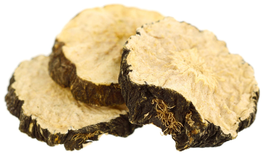 Closeup images of Maca Root slices.