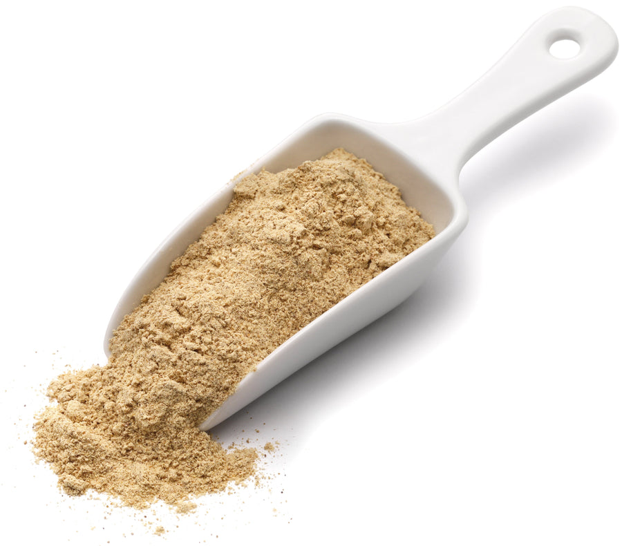 Image of white serving scoop containing Maca Root Powder 
