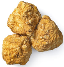Image of three yellow Maca Roots on white background.