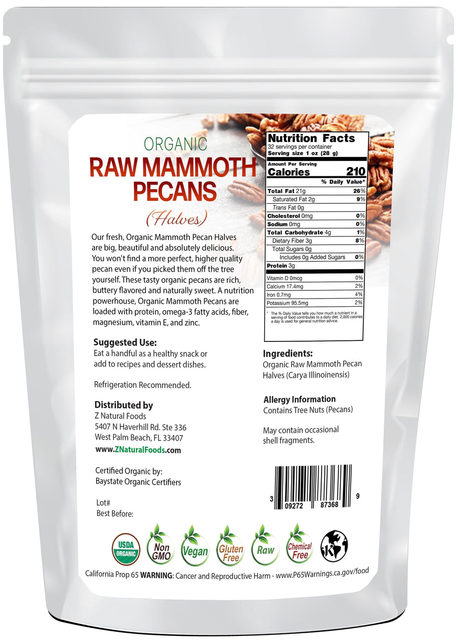 Back of bag image for Mammoth Pecan Halves - Raw Organic from Z Natural Foods 