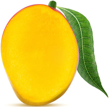 Halved Mango fruit standing on end with stem and leaf on white background.