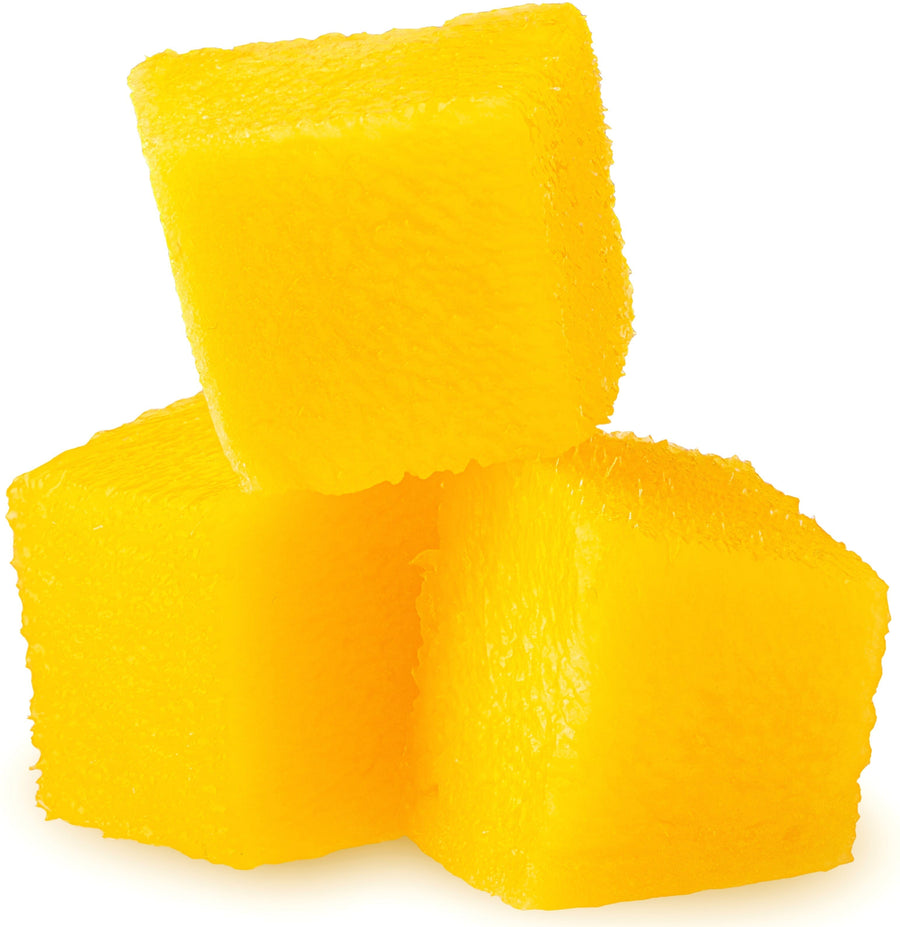 Close photo of 3 cubes of delicious looking fresh mango fruit on white background