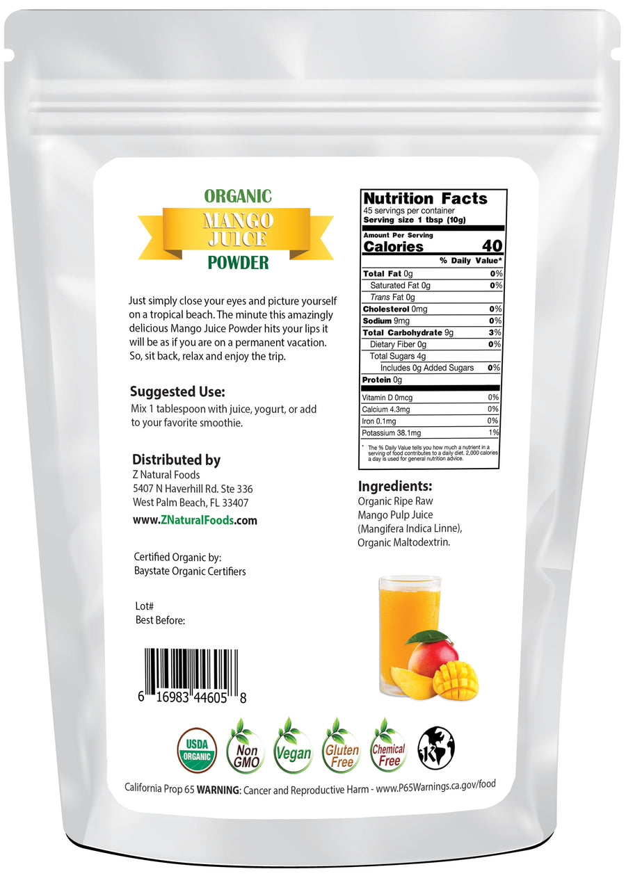 Photo of the back of 1 lb bag of Mango Juice Powder - Organic Fruit Powders Z Natural Foods 