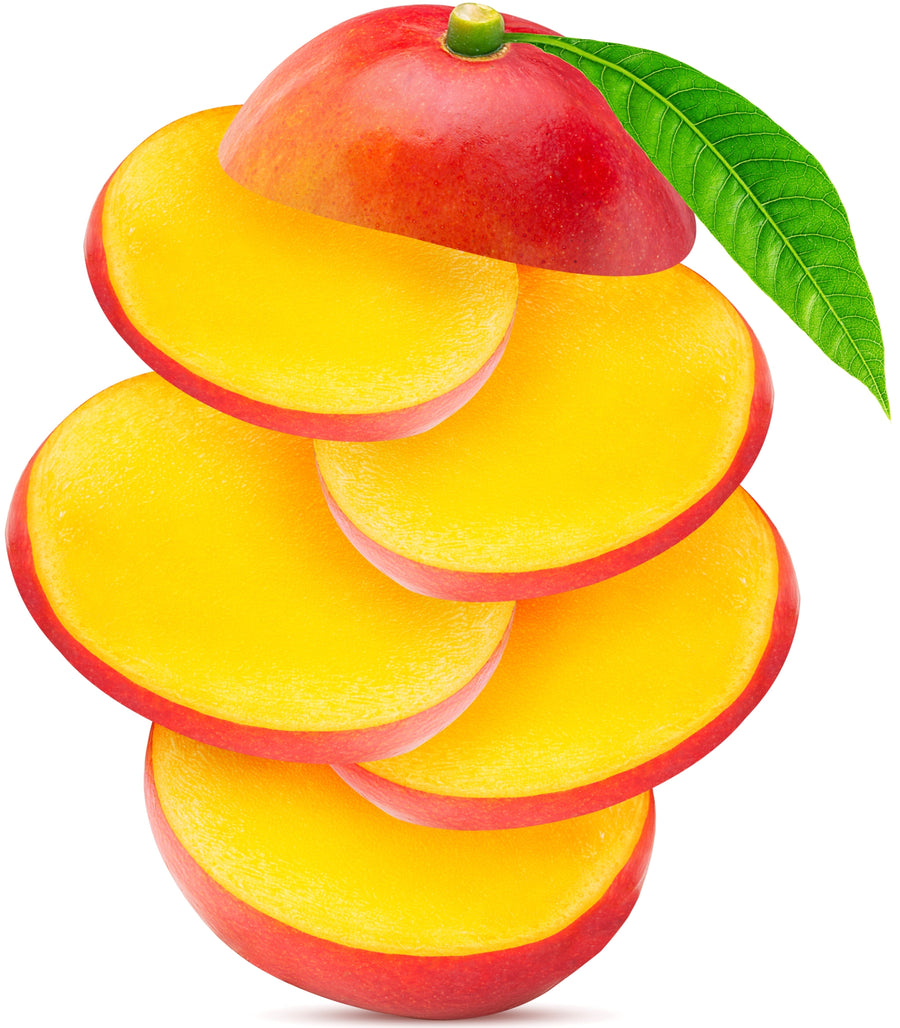Image of sliced mango in between base and top of mango fruit.