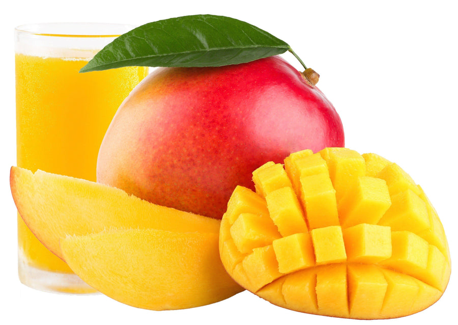 Image of cubed and sliced mango with a whole mango and glass of mango juice in the background.