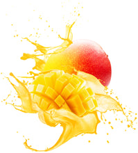 Splashing Mango Juice on cubed mango fruit with whole mango fruit in background.