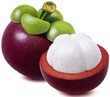 Image of a fresh purple Mangosteen Fruit cut in half showing its white pulp
