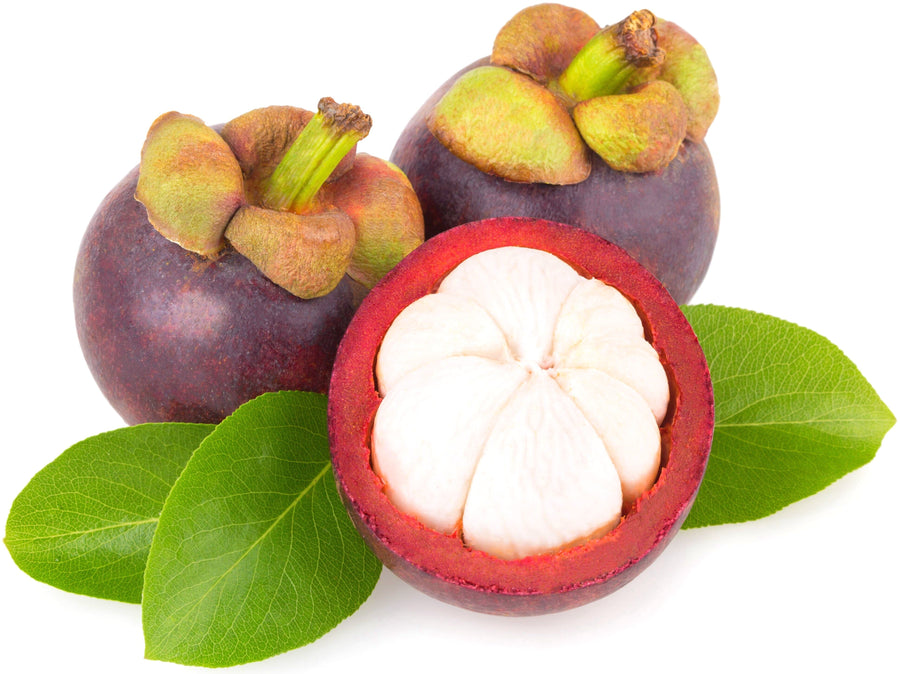 Image of 2 fresh purple Mangosteen Fruits and half of one showing its white interior