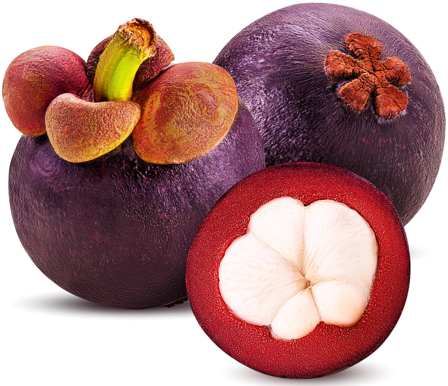 Image of 2 fresh purple Mangosteen Fruits and half of one showing its white interior