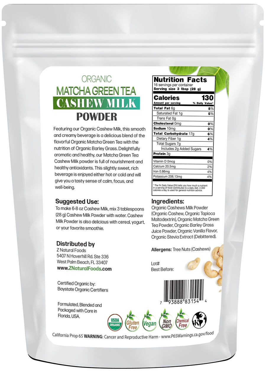 Matcha Green Tea Cashew Milk Powder - Organic back of the bag image Z Natural Foods 