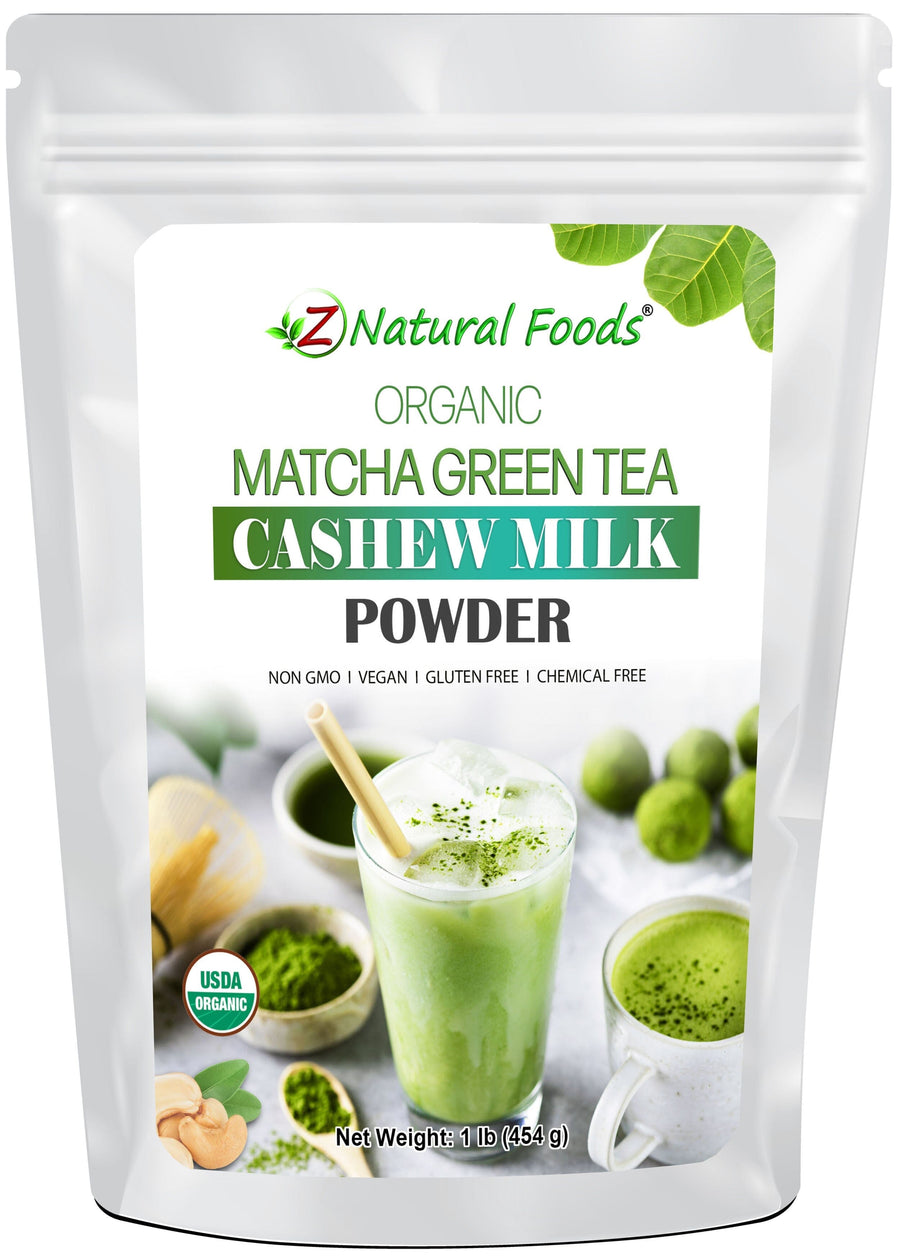 Image of front of 1 lb bag of Matcha Green Tea Cashew Milk Powder - Organic Z Natural Foods 