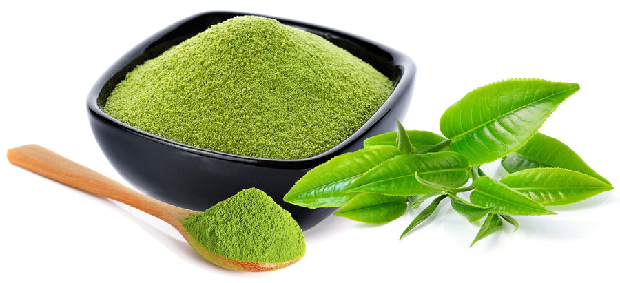 Black bowl of Matcha Green Tea Powder - Organic with wooden spoon holding heaping serving of matcha green tea powder with fresh matcha leaves beside it.