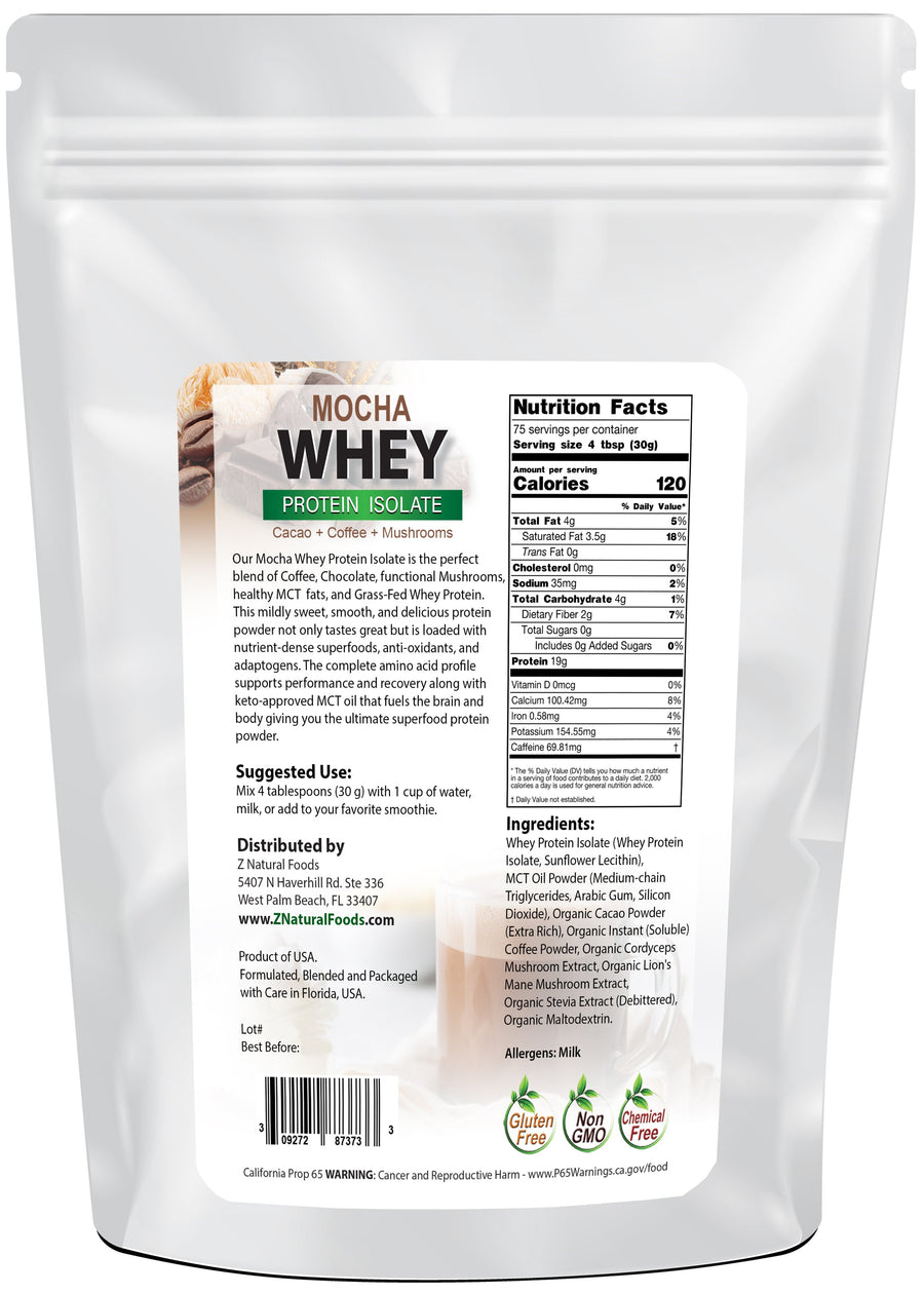 Image of back of 5 lb bag of Mocha Whey Protein Isolate