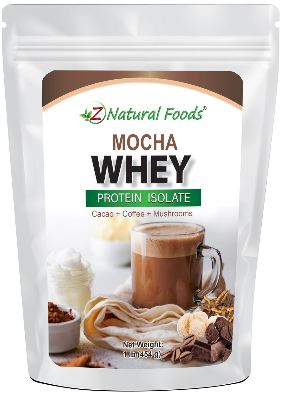 Image of front of 1 lb bag of Mocha Whey Protein Isolate