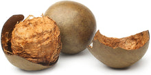 Image of a whole brown Luo Han Guo fruit and one is cracked opened
