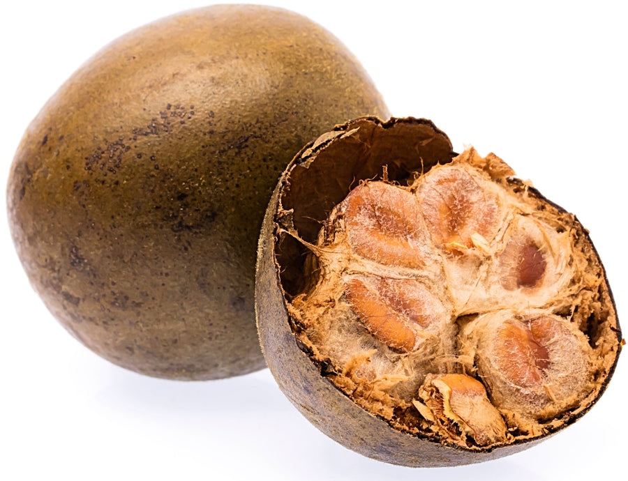 Image of a brown Luo Han Guo fruit cut in half showing its brown inside pulp